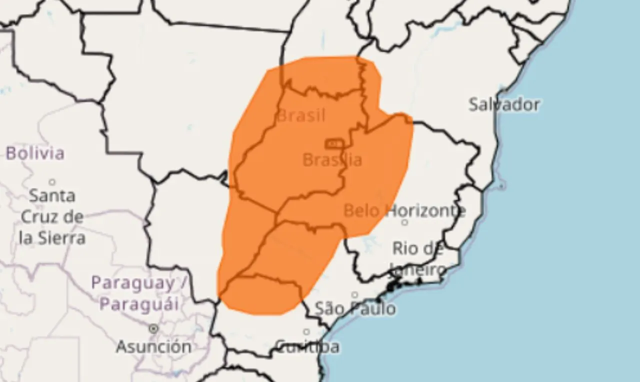 o mapa mostra as &aacute;reas em alerta laranja para tempestade